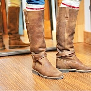 ROOTS tall western belted RIDING boots in distressed TRIBE leather
